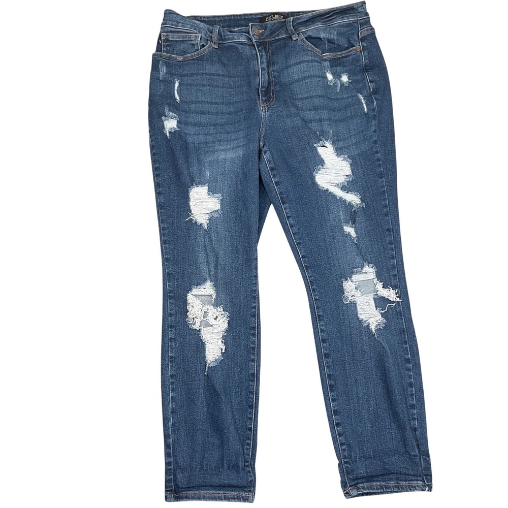 Judy Blue Jeans Womens 18W Blue Distressed High Rise Boyfriend Fit Stretch Denim